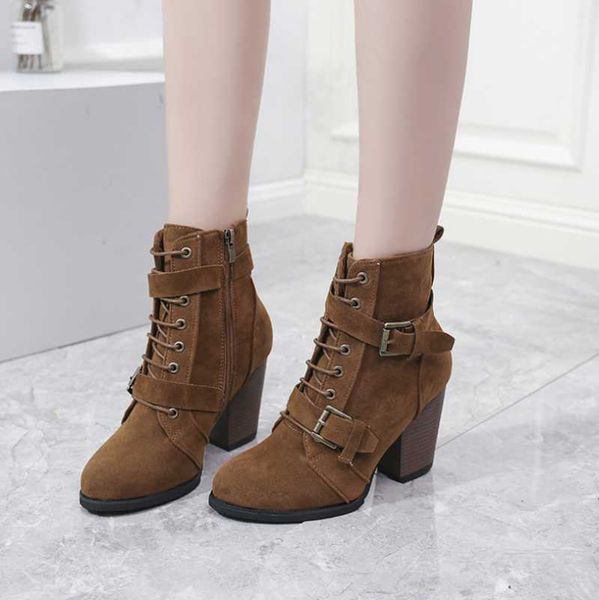 

boots autumn shoes women ankle fashion lace up buckle suede square heels ladies flock casual warm short female, Black
