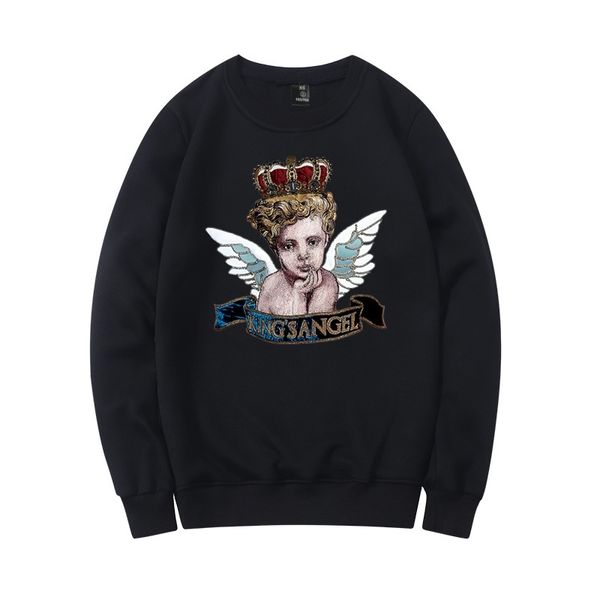 

men's fashion angel printed men's round neck sweater, Black