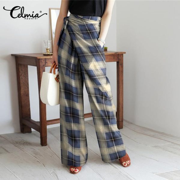 

celmia vintage women's plaid trousers autumn long palazzo 2021 casual high waist office wide-leg pantalon femme plus size pants & capri, Black;white