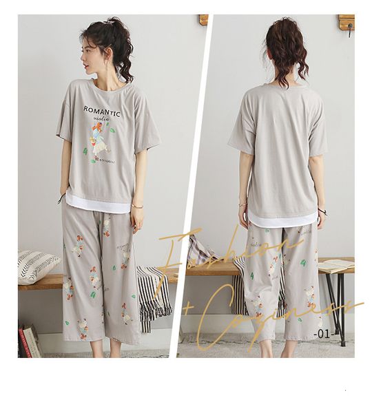 

women's sleepwear high-end cotton pajamas suit ladies short sleeve cropped pant sleepwear print pijamas women night plus size pyjamas s, Black;red