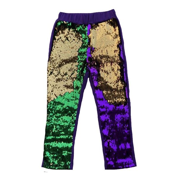 Calças que vendem Mardi Gras Girls Dourado, Roxo, Verde 3 Cores Calças de Lantejoulas Reversíveis Leggings de Carnaval Brilhantes