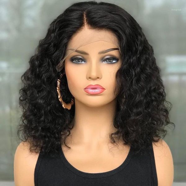 

13x4 lace front human hair wigs curly bob wig for black women 180% wave brazilian remy bleached knots jko1, Black;brown