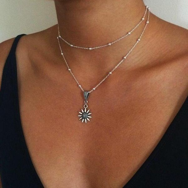 

chokers sun flower necklace double layered sunflower silver chain satellite bead choker women necklaces simple dainty jewelry gifts, Golden;silver