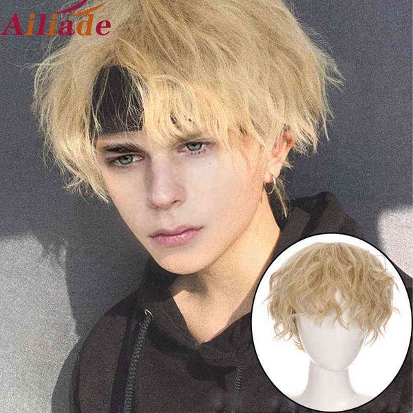 

hairpiece ailiade short curly cosplay men boy party light yellow synthetic heat resistant hair wigs men's breathable wig 0121