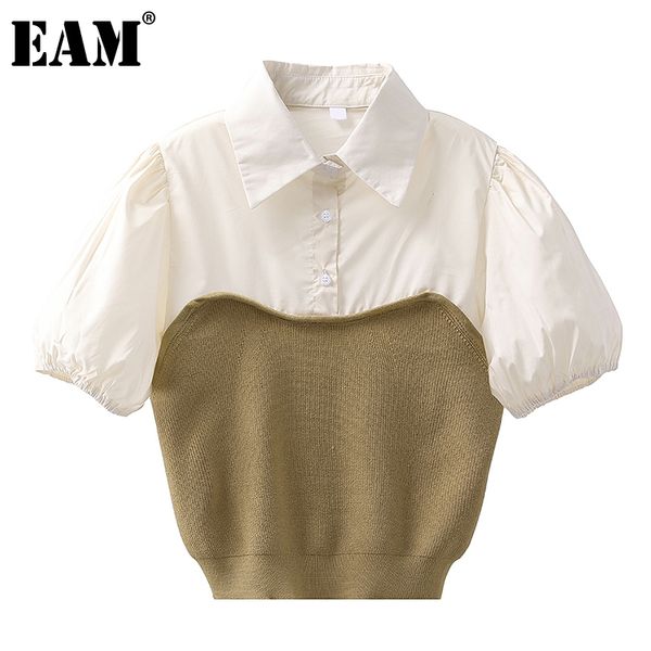 

[eam] women khaki spliced knititng blouse lapel short puff sleeve loose fit shirt fashion spring summer 1dd7433 210512, White