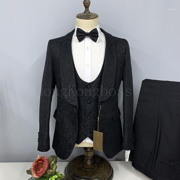 

men's suits & blazers 3 pcs suit set jacket vest pants / men casual business dark pattern big lapel groom wedding presided over formal, White;black