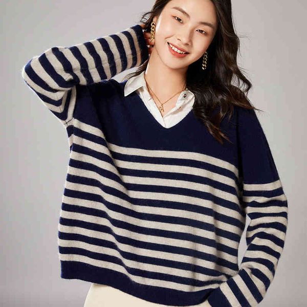 

women's sweaters loose sweater of pure wool, striped female pullover with cleavage v for autumn and winter 100% n6zi, White;black