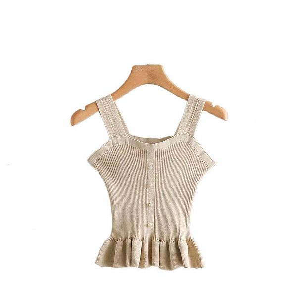 

women's tanks & camis pearl button with wooden ear edge to decorate the slim fit and versatile knitted streetwear tank cropped, White