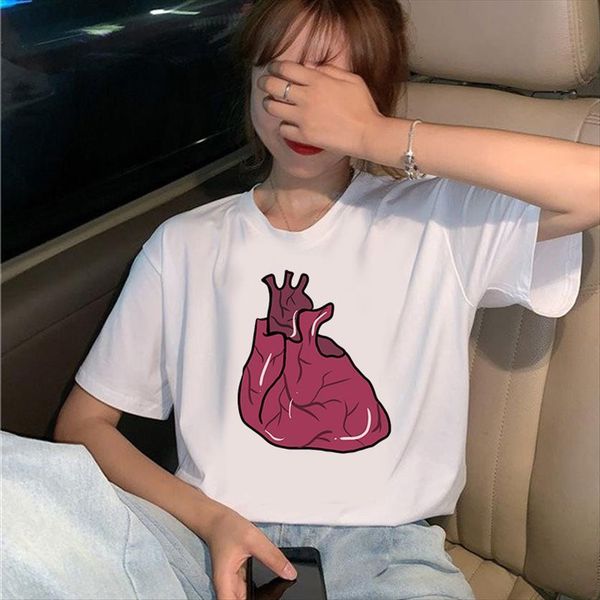 

beating heart printed trend style womens o neck summer short sleeve casual female, White