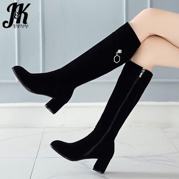 

jk knee high boots women high heels thick boot ladies fashion round toe shoes female flock crystal shoes winter plus size 32-45, Black
