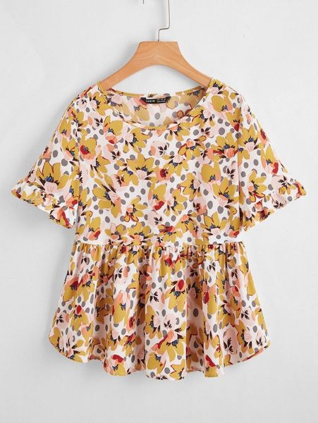 

ruffle cuff allover floral peplum p48d#, White