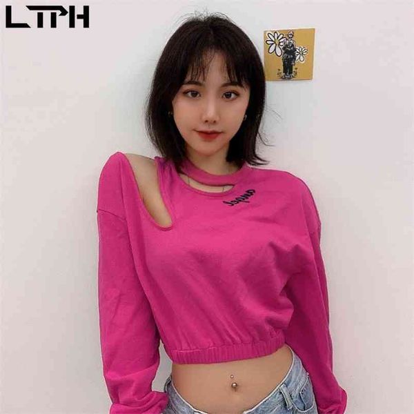 

ltph autumn arrival casual solid color letter embroidery hollow strapless design long sleeve hoodies women sweatshirt 210423, White;black
