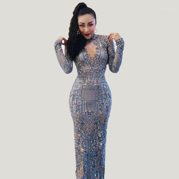 

casual dresses 2021 diamonds show high elastic women long sleeve gray costume elegant night evening party, Black;gray