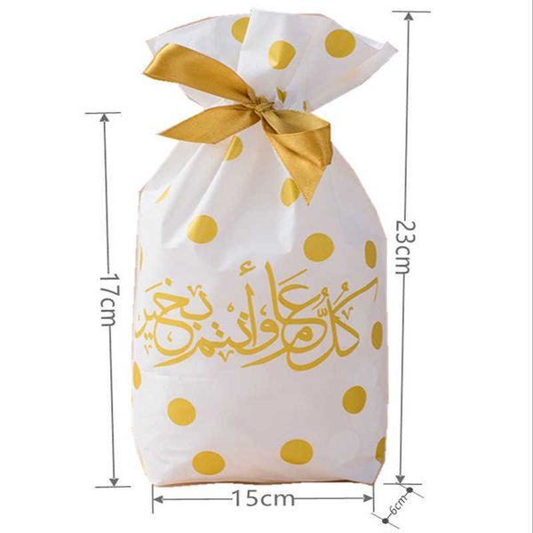 50 pz / lotto Eid Mubarak Sacchetto di plastica con coulisse Bomboniere Decorazioni per feste Candy Snack Sweet Yummy Food Goodies Confezione regalo Forniture per sacchetti 210724