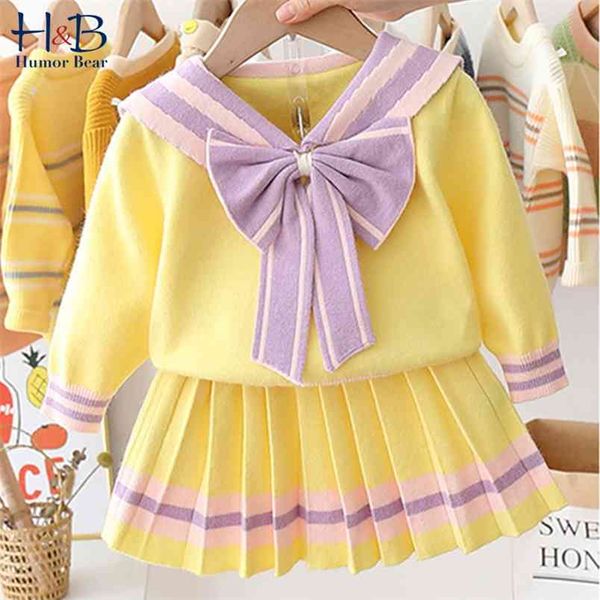 

girls clothes suit autumn winter bow collar sweater+pleated skirt sets baby kids children clothing for girl 210611, White
