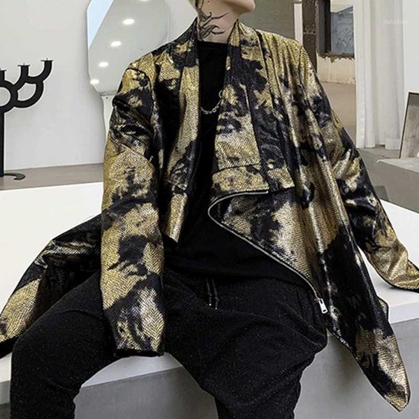 

men's irregular zipper jacket gold black snake pattern loose cape short coat for male singer dancer stage performance wear jackets, Black;brown
