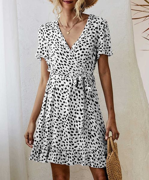 

vintage leopard printed women dresses v-neck short sleeve ruffles bohemian female dress with belt plus size w526 210526, Black;gray
