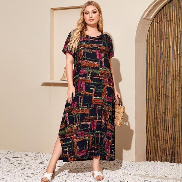 

plus size dresses dress women 2021 summer v neck short sleeve colorful plaid print casual elegant side split maxi long, Black