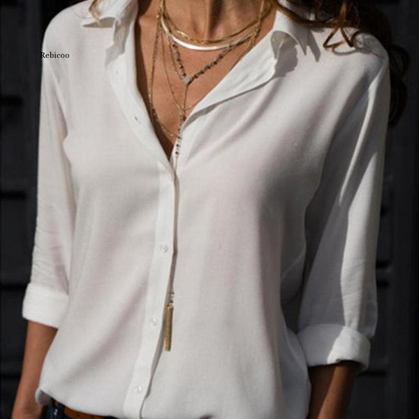 

women's blouses & shirts women spring elegant long sleeve solid v-neck chiffon blouse female work wear plus size, White