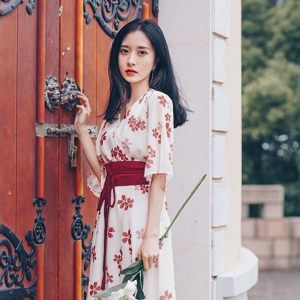 

ethnic clothing modern kimono japanese style summer fashion v-neck loose sleeve high waist flower printing slim dresses vintage yukata, Red