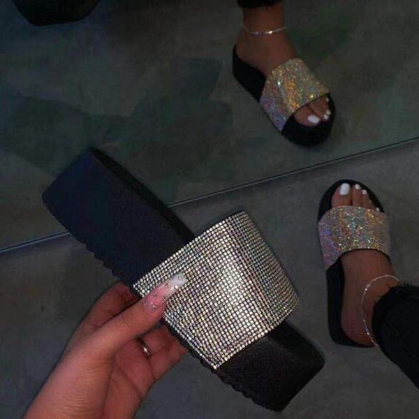 

dihope women waterproof platform thick bottom rhinestone slippers outdoor wild fashion ladies candy-colored beach sandals, Black