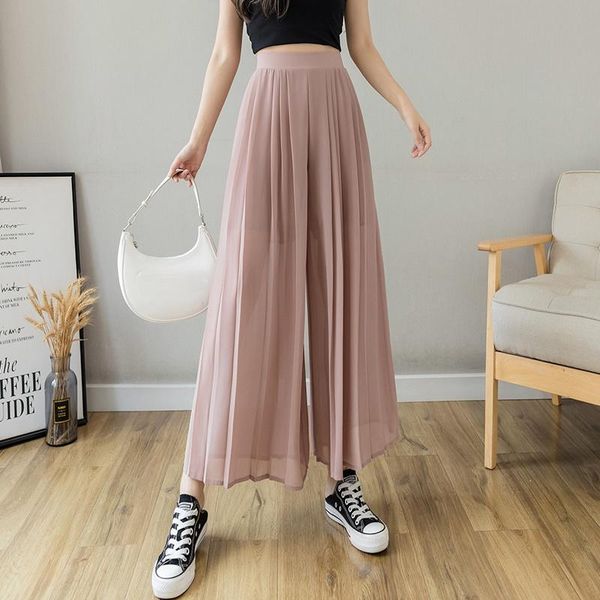 

women's pants & capris fashion elastic high waist wide-leg women casual solid color pleated skirt ladies summer loose flowing chiffon t, Black;white