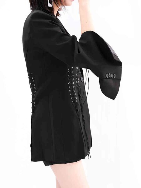 

women's suits & blazers [eam] women bandage vent black casual blazer lapel long sleeve loose fit jacket fashion spring autumn 2022 1db3, White;black