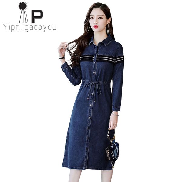

dresses women long sleeve bodycon jean es autumn fashion big size office lady elegant elastic waist denim vestidos female, Black;gray