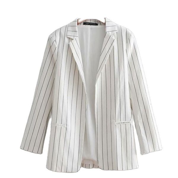 

elegant women's summer fashion vertical stripes lapel open seven sleeves small suit jacket female 210507, White;black