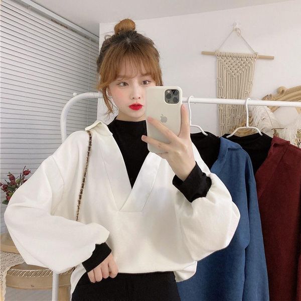 

women's polos spring & autumn polyester fake two shirts 2021 fashion loose splicing casual long sleeve half high collar, White