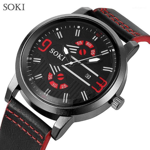 

soki brand european and american -selling fashion sports big dial men's watch casual business belt calendar quartz wristwatches, Slivery;brown