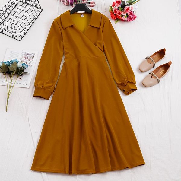 

casual dresses elegant 2021 women autumn winter v-neck long flare sleeve dress vintage a-line elastic slim high waist pullover midi, Black;gray