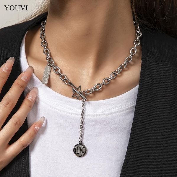 

chains youvi lock chain necklace coin pendants women men punk stainless steel chunky jewelry on the neck aesthetic accessories, Silver