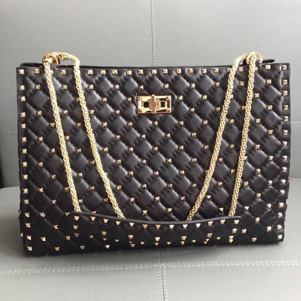

designer luxury bag rivet tote shopper bag handbags large capacity shoulder bags sheepskin genuine leather golden nails women's leather, Red;black