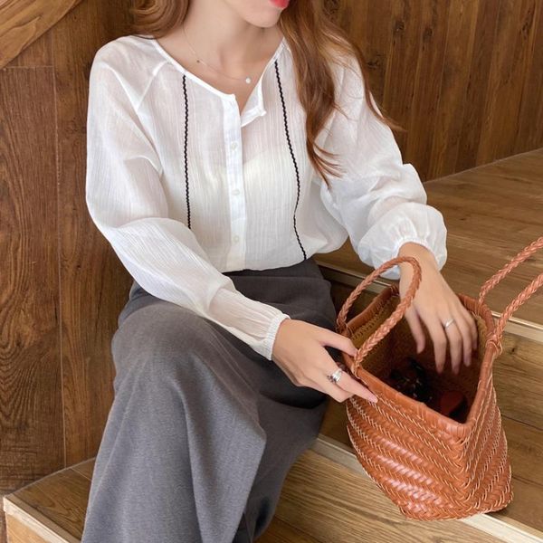 

snordic women autumn casual white chiffon blouse perspective shirt raglan sleeve wavy line loose single breasted women's blouses & shi