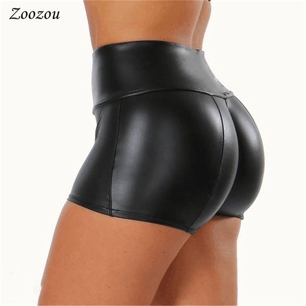 Mulheres Alto Cintura Pu Shorts Sexy Black Skinny Push Up Faux Leather Shorts Senhora Plus Size Verão Elastic Elastic Slim Calças curtas 210323