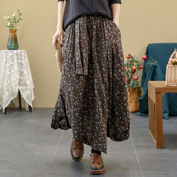 

portrait cotton and linen floral spring in irregular literary fashion high female waist printed mid-length the skirt y1585 1w68, Black