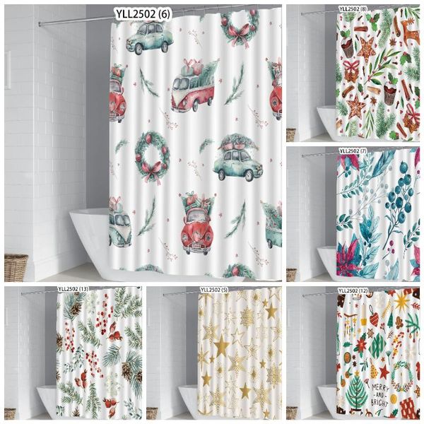 

shower curtains pine branches curtain red car fabric bathtub screen printed christmas decoration home bathroom accessories