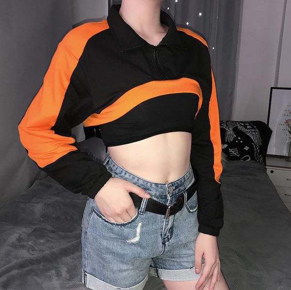 

girls women's black contrasting color long sleeve stand collar zipper loose super short sweatshirt, White