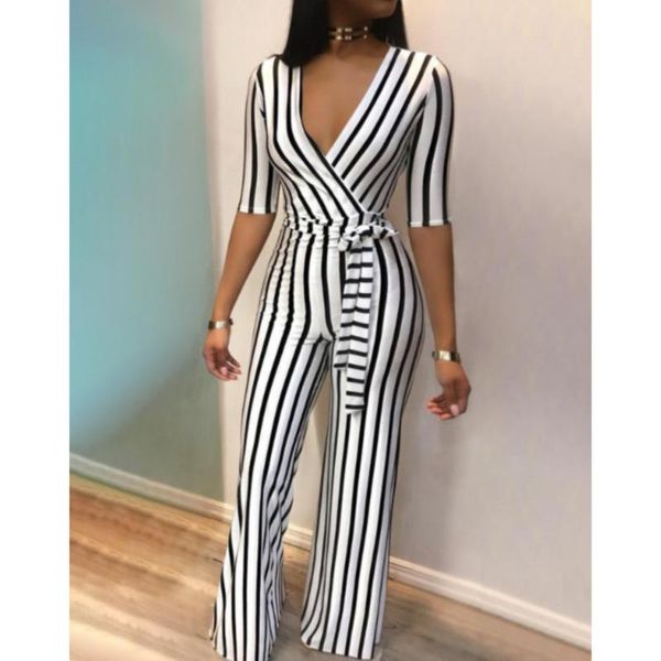 

women's leggings elegant striped rompers womens deep v neck jumpsuit half sleeve bow casual slim jumpsuits overalls, Black