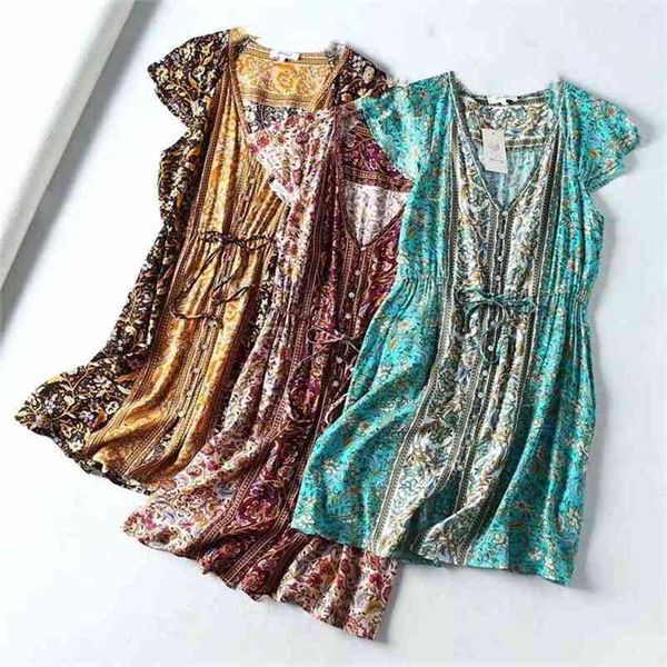 

contrast color camellia floral print summer boho dress holiday woman lace up waist button short sleeve dresses beach 210429, Black;gray