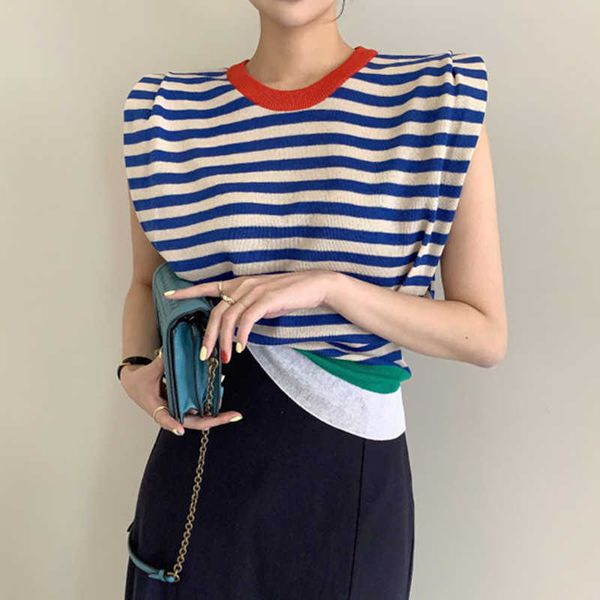 

korejpaa women shirt korean fashion style chic minority temperament o neck color contrast stripe knit elegant sleeveless 210526, White