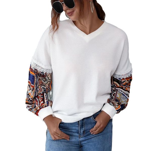 

women's t-shirt casual long sleeve shirt women v neck print patchwork harajuku woman tshirts autumn womens clothing y0966a, White