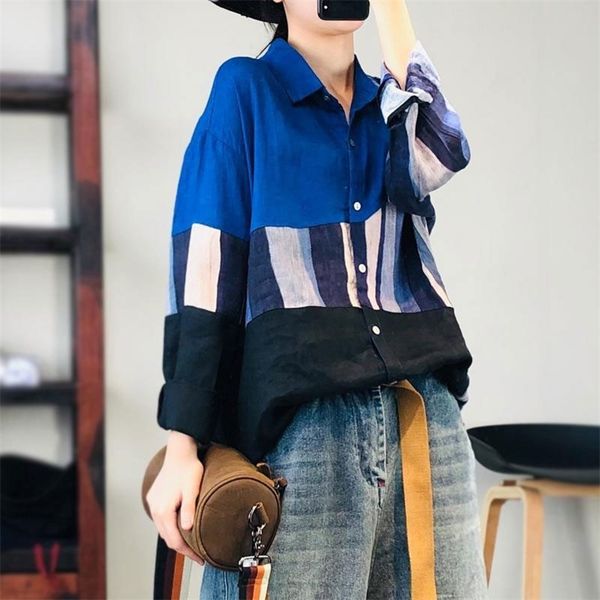 

arrival autumn arts style women long sleeve loose casual shirt patchwork stripe cotton linen blouse big size clothing m512 210512, White