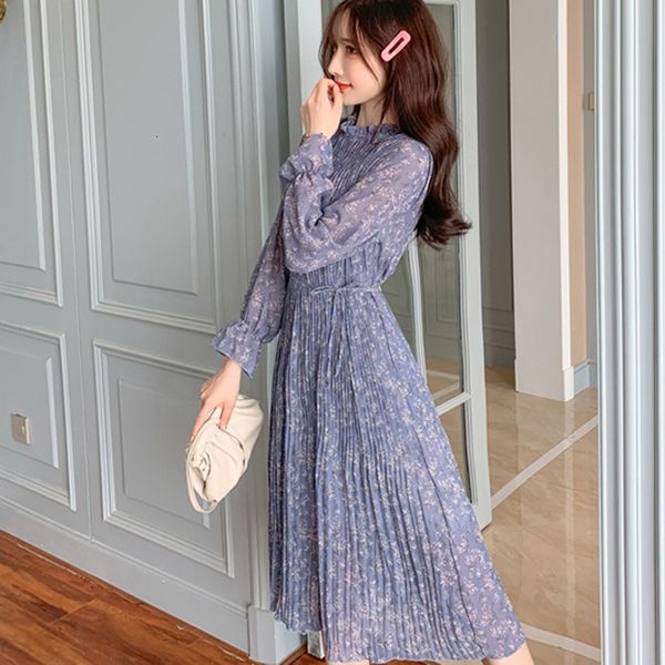 

dresses autumn floral stand collar pleated women all-match loose long-sleeved lace-up chiffon female midi dress b39w, Black;gray