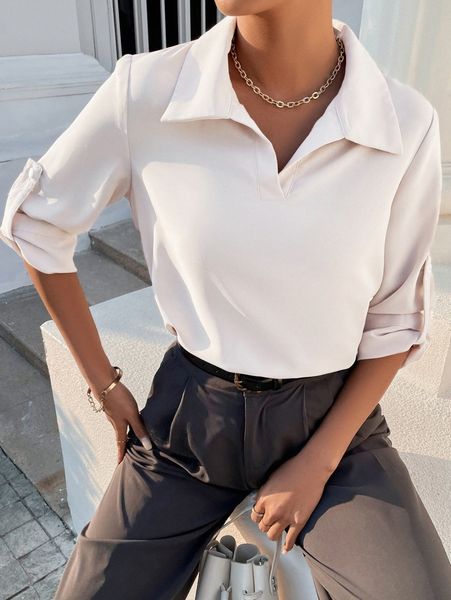 

roll-up sleeve solid blouse t9me#, White