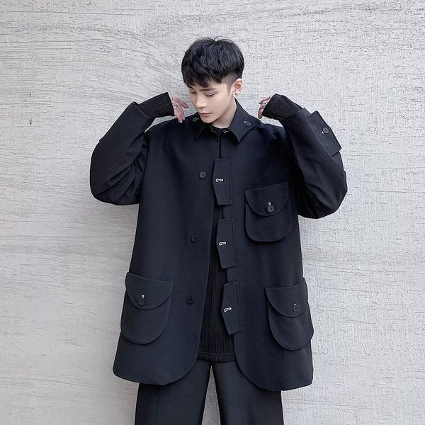 

men's suits & blazers spring classic dark personality multi-pocket design chinese standing collar retro loose plus-size suit coat, White;black
