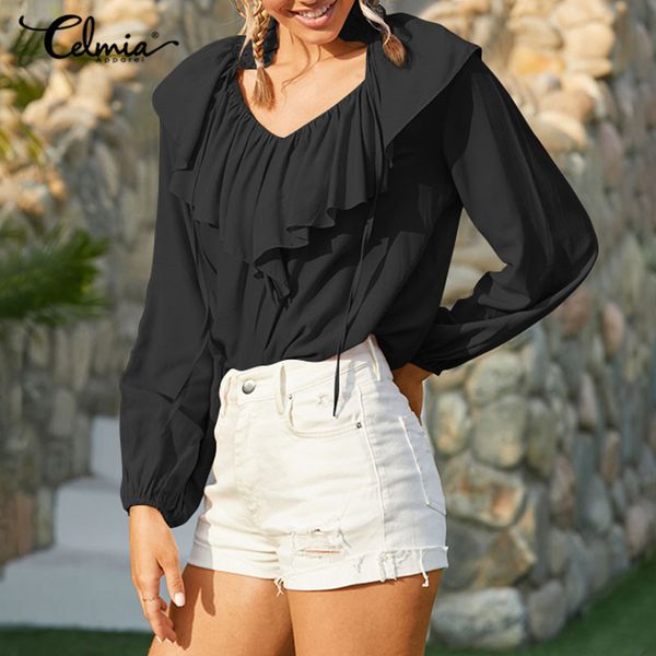 

blouses celmia women lace-up blouses female casual ruffled 2021 fashion long puff sleeve solid v-neck blusas street blouse 5xl, White