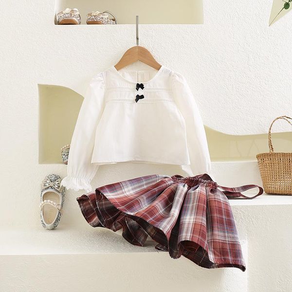 

clothing sets 2021 autumn baby girls plaid strap skirt + long sleeve shirt, White