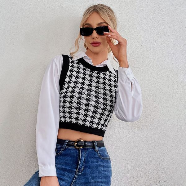 

sweater vest loose, with 2021 autumn bird check knitted women's short, White;black